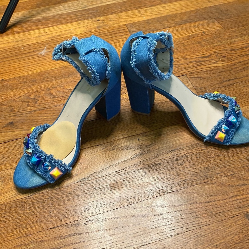 Catherine Malandrino Denim Embellished Block Heel Sandals – Blue – Size 10 - Picture 4 of 7
